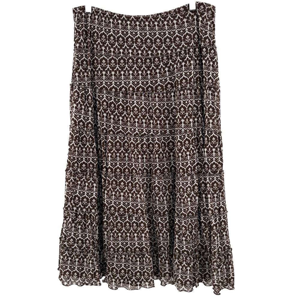 Sophie Max Skirt‎ Large Brown White Damask Print Tiered Midi Stretch Boho